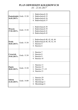 PLAN ODWIEDZIN KOLĘDOWYCH 16 – 21.01.2017