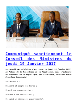 Communiqué sanctionnant le Conseil des Ministres du jeudi 19