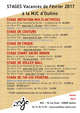Du Lundi 20 au Vendredi 24 f&eacute;vrier &ndash; 5 ateliers de 3h