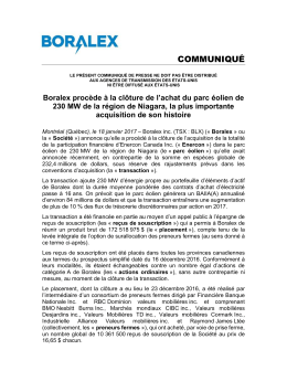 Boralex procède à la clôture de l`achat du parc éolien de 230 MW de