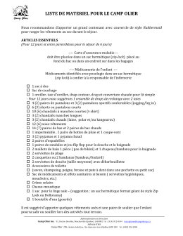liste de materiel pour le camp olier