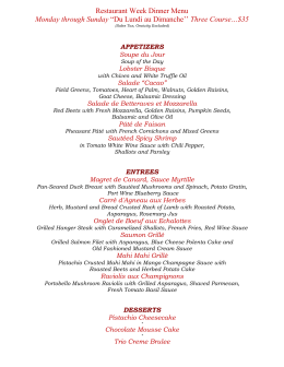 Restaurant Week Dinner Menu Monday through Sunday &ldquo;Du Lundi
