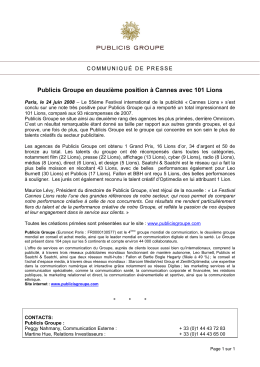 Publicis Groupe en deuxi&egrave;me position &agrave; Cannes avec 101 Lions