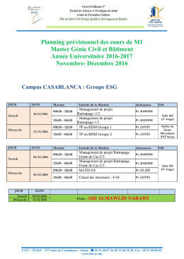 Planning prévisionnel des cours de M1 Master Génie Civil et