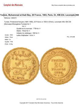 Tunisie, Muhammad al-Hadi Bey, 20 Francs, 1903, Paris, Or, KM