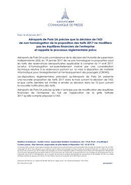 COMMUNIQUE DE PRESSE A&eacute;roports de Paris SA pr&eacute;cise que la