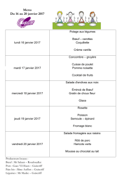 Menu Du 16 au 20 janvier 2017