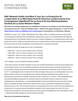 RNC Minerals publie une mise &agrave; jour sur la production et l