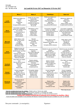 Menu du 06 au 12 Fevrier 2017