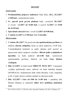 1. Predmanželsk&aacute; pr&iacute;prava sn&uacute;bencov bude 11.2., 18.2., 25.2.2017