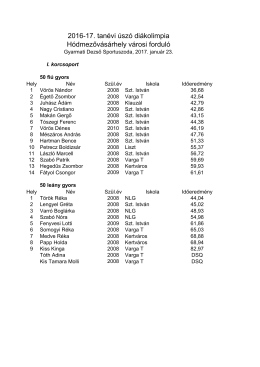 2016-17. tanévi úszó diákolimpia Hódmezővásárhely városi forduló
