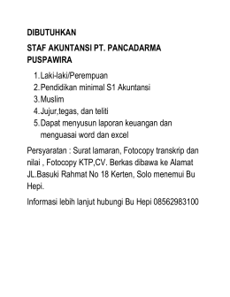 DIBUTUHKAN STAF AKUNTANSI PT. PANCADARMA PUSPAWIRA