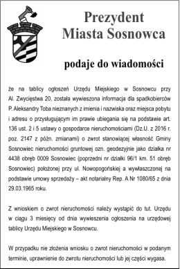 Prezydent Miasta Sosnowca podaje do wiadomości