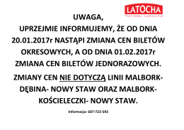 Informacja dotycząca zmiany cen biletów.