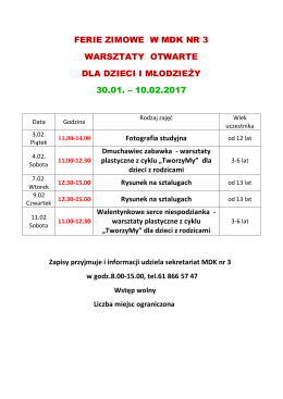 ferie zimowe w mdk nr 3 warsztaty otwarte dla dzieci i młodzieży