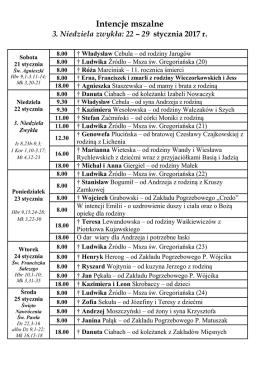 Intencje mszalne 3. Niedziela zwykła: 22 – 29 stycznia 2017 r.