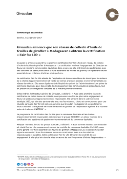 Givaudan annonce que son r&eacute;seau de collecte d`huile de feuilles de