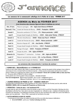 AGENDA du Mois de FEVRIER 2017