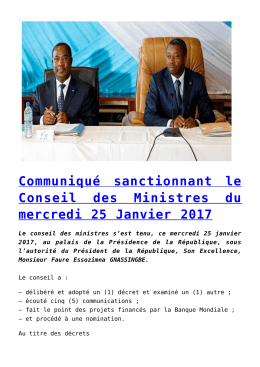 Communiqu&eacute; sanctionnant le Conseil des Ministres du mercredi 25