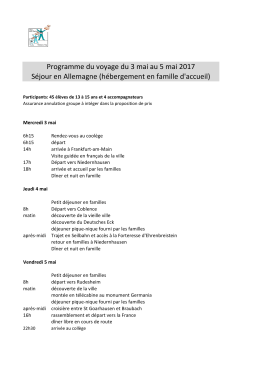 Programme du voyage du 3 mai au 5 mai 2017 Séjour en