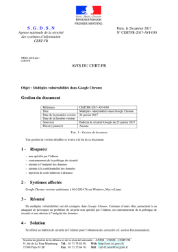 SGDSN AVIS DU CERT-FR Gestion du document 1 - Risque(s)