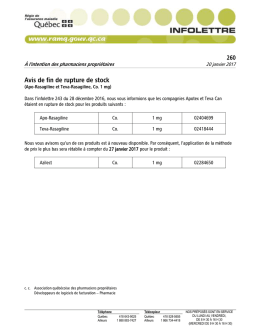 Avis de fin de rupture de stock (Apo-Rasagiline et Teva