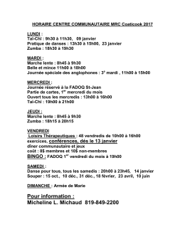 horaire d`une semaine : centre communautaire