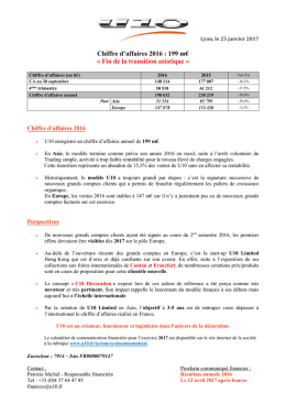 Chiffre d`affaires 2016 : 199 m€ « Fin de la transition asiatique