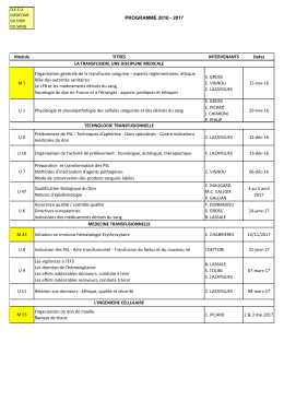 Module TITRES INTERVENANTS Dates LA TRANSFUSION, UNE