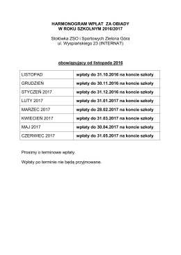 HARMONOGRAM WPŁAT ZA OBIADY W ROKU SZKOLNYM 2016