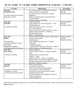 PLAN ZAJĘĆ W CZASIE FERII ZIMOWYCH 13.02.2017 – 17.02.2017