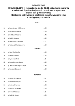 OGŁOSZENIE Dnia 02.02.2017 r. (czwartek) o godz. 16:00 odbędą