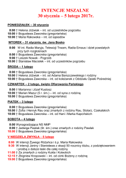 INTENCJE MSZALNE 30 stycznia &ndash; 5 lutego 2017r.