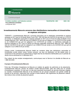 Investissements Manuvie annonce des distributions mensuelles et