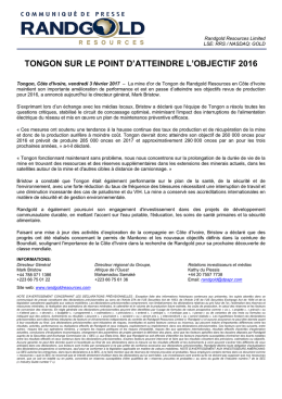 tongon sur le point d`atteindre l`objectif 2016