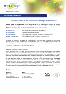 Oncodesign annonce son calendrier financier pour l`année 2017