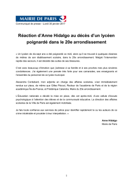 Réaction d`Anne Hidalgo au décès d`un lycéen poignardé dans le