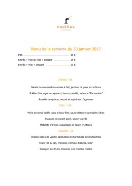 Menu de la semaine du 30 janvier 2017