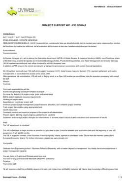 Offre PROJECT SUPPORT M/F - VIE BEIJING