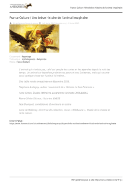 France Culture / Une br&egrave;ve histoire de l`animal