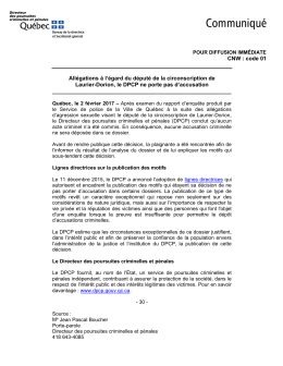 Communiqu&eacute; - Directeur des poursuites criminelles et p&eacute;nales
