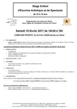 Stage Enfant d`Escrime Artistique et de Spectacle Samedi 18 f&eacute;vrier