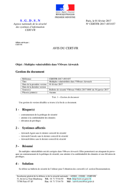 SGDSN AVIS DU CERT-FR Gestion du document 1 - Risque(s)