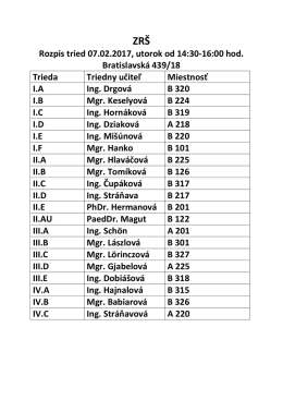 Rozpis tried 07.02.2017, utorok od 14:30