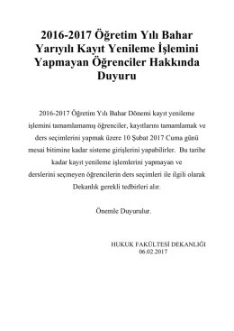 2016-2017 Öğretim Yılı Bahar Yarıyılı Kayıt Yenileme Đşlemini