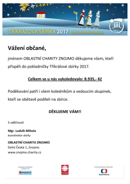 Výše darů tříkrálové sbírky 2017 v obci Valtrovice