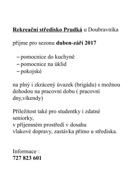 Rekreační středisko Prudká u Doubravníka přijme pro sezonu