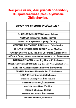 Děkujeme všem, kteří přispěli do tomboly 18