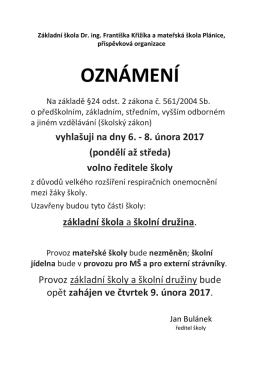 Volno ředitele únor 2017 - Základní škola Dr. ing. Františka Křižíka a
