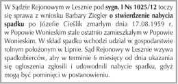W Sądzie Rejonowym w Lesznie pod sygn. I Ns 1025/12 toczy się